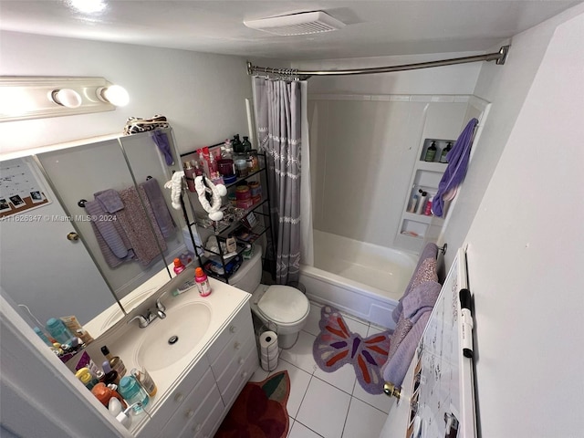 full bathroom with tile patterned flooring, toilet, vanity, and shower / tub combo with curtain