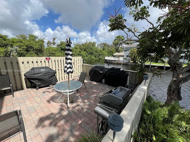 view of patio with a water view