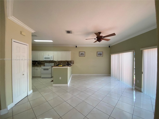 kitchen featuring white cabinetry, ceiling fan, decorative backsplash, white appliances, and crown molding