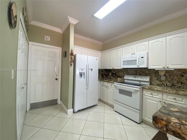 kitchen with tasteful backsplash, dark stone countertops, crown molding, white appliances, and white cabinets