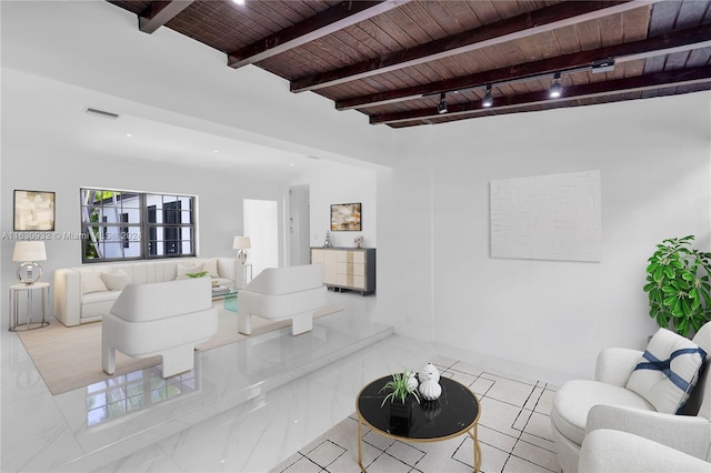 tiled living room with beam ceiling and wooden ceiling