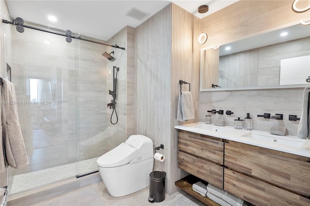 bathroom featuring toilet, tile patterned floors, walk in shower, and tile walls