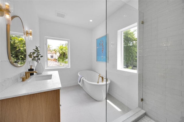 bathroom with vanity, a healthy amount of sunlight, and plus walk in shower