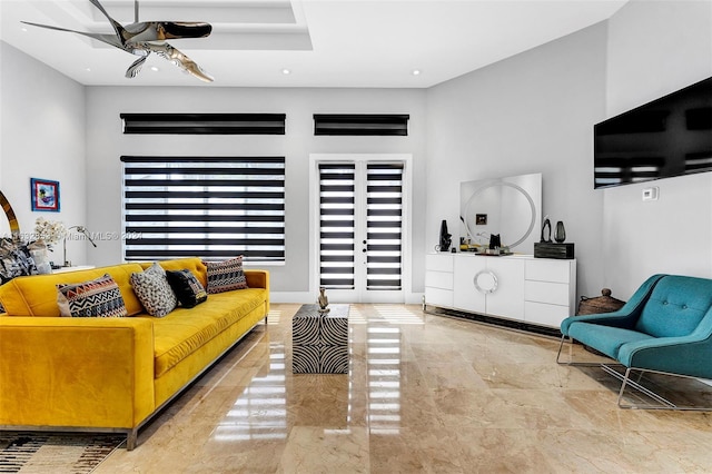 living room featuring ceiling fan