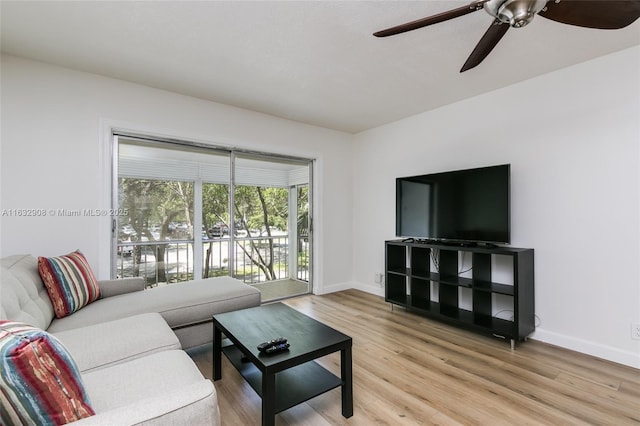 living room with ceiling fan and hardwood / wood-style floors