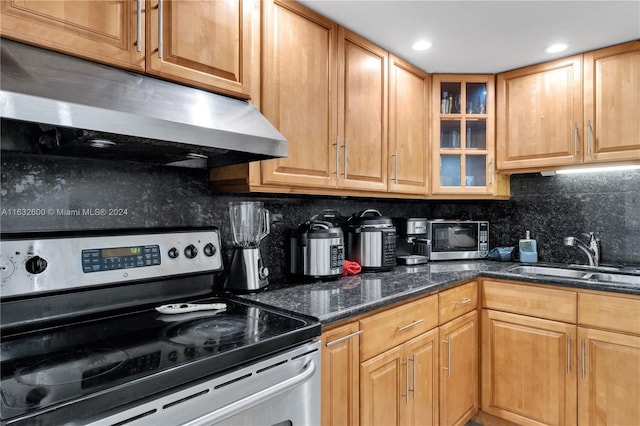 kitchen with stainless steel appliances, sink, decorative backsplash, and dark stone countertops