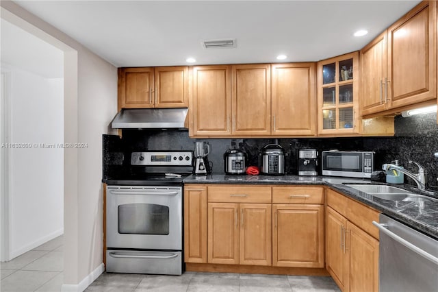 kitchen with appliances with stainless steel finishes, sink, dark stone countertops, and backsplash