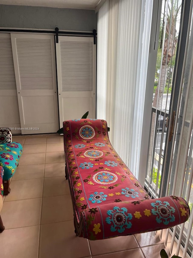 bedroom featuring multiple windows, light tile patterned floors, and a closet