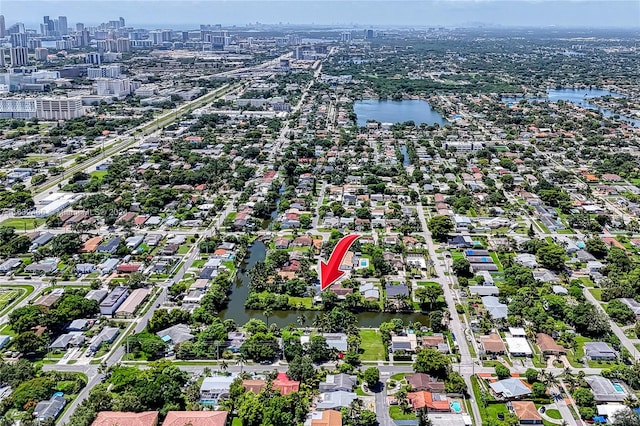 bird's eye view with a water view