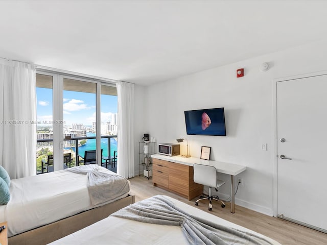 bedroom with light hardwood / wood-style flooring, multiple windows, and access to outside