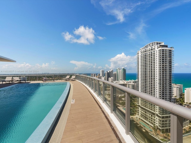 view of pool with a water view