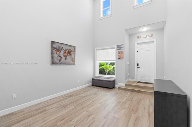 entrance foyer with light hardwood / wood-style flooring and a high ceiling