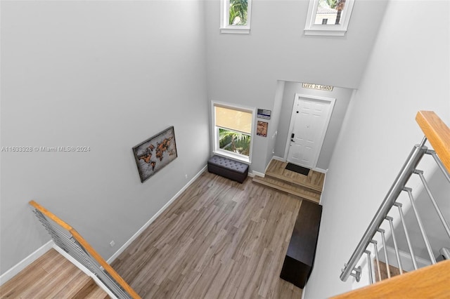 foyer entrance featuring a towering ceiling and light wood-type flooring