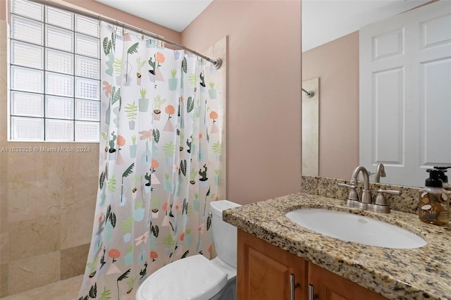 bathroom with vanity, toilet, and walk in shower