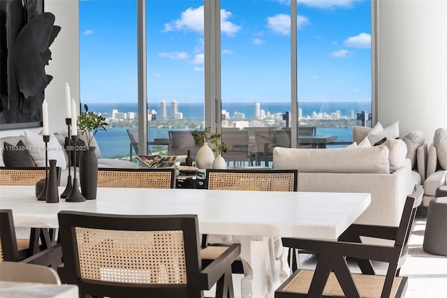 dining space featuring a water view