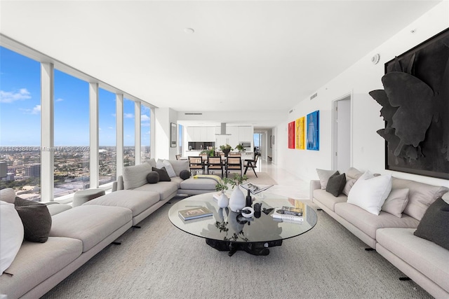 living room featuring a wall of windows