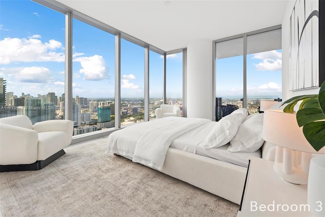 bedroom with multiple windows, access to exterior, a view of city, and a wall of windows