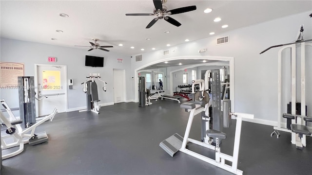 workout area with ceiling fan