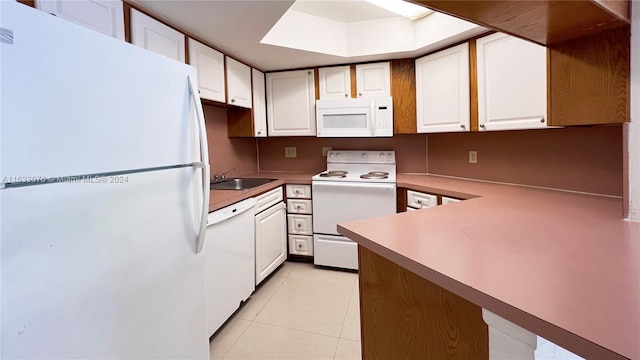 kitchen featuring sink, light tile patterned floors, white cabinets, and white appliances