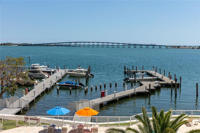 view of dock with a water view and boat lift