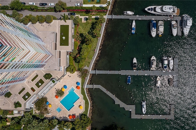 drone / aerial view featuring a water view