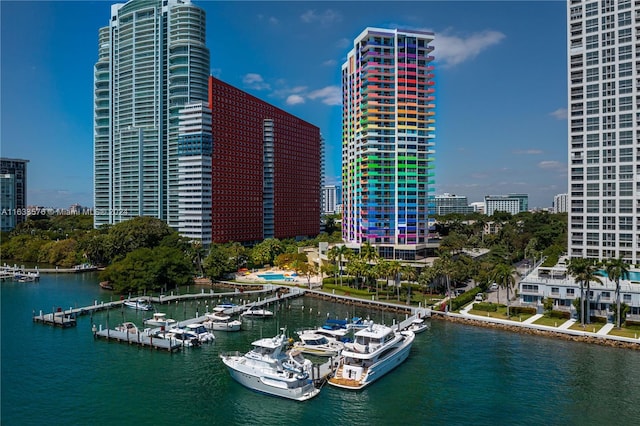 exterior space featuring a water view and a city view