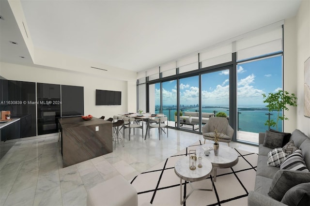 living room with floor to ceiling windows