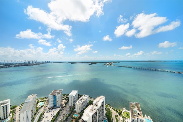 drone / aerial view featuring a water view