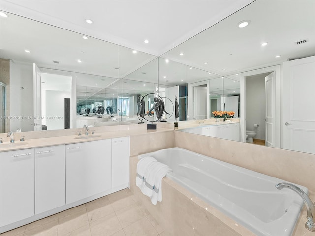 full bathroom featuring vanity, tile patterned flooring, plus walk in shower, and toilet