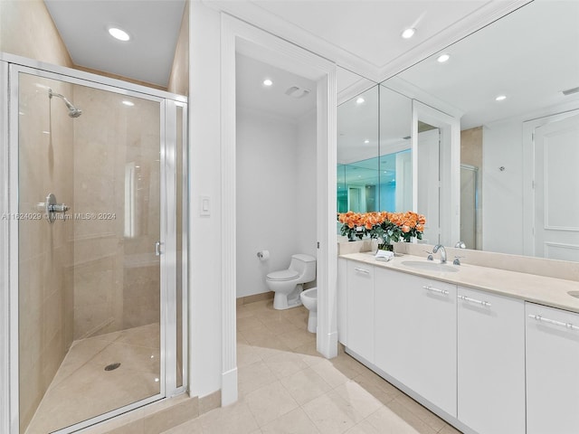 bathroom featuring tile patterned floors, a bidet, toilet, vanity, and a shower with shower door