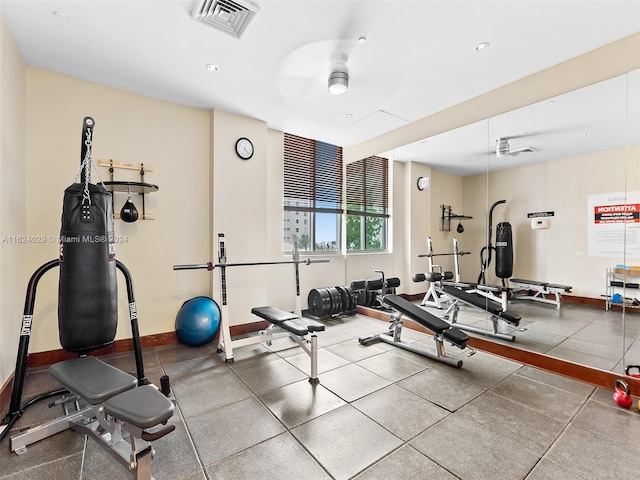 exercise area with ceiling fan