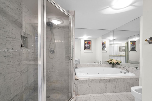 bathroom featuring plus walk in shower and tile patterned floors