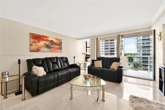 tiled living room with ornamental molding