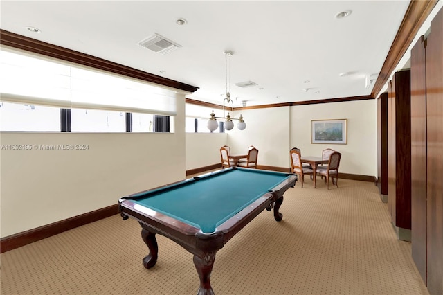 rec room featuring light carpet, pool table, and crown molding