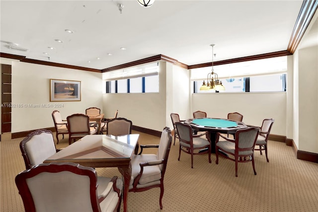 5757 Collins Ave Unit 801, Miami Beach, FL 33140 - recreation room with light carpet, ornamental molding, baseboards, a chandelier, and recessed lighting