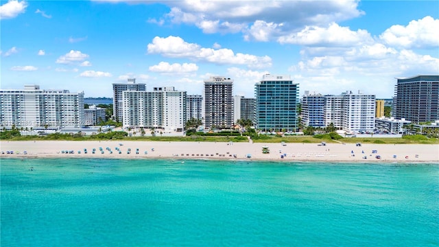 aerial view with a water view and a beach view