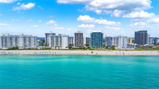 birds eye view of property featuring a beach view and a water view