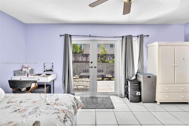 tiled bedroom with access to exterior, french doors, and ceiling fan