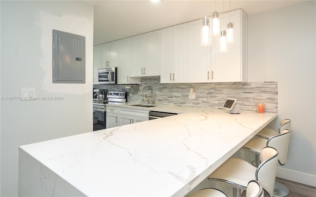 kitchen featuring sink, appliances with stainless steel finishes, light stone counters, and electric panel