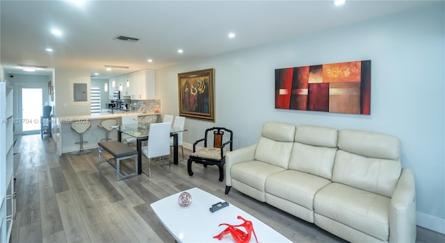 living room featuring light hardwood / wood-style flooring and electric panel