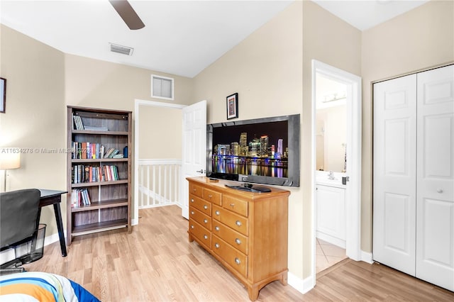 home office featuring ceiling fan and light wood-type flooring