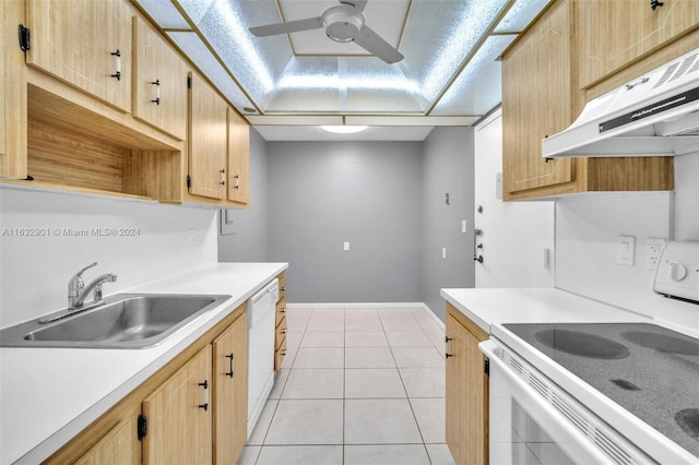 kitchen with white appliances, extractor fan, sink, light tile patterned floors, and light brown cabinets