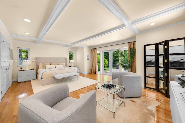 bedroom featuring beamed ceiling, light wood-type flooring, french doors, and coffered ceiling