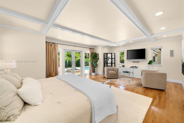 bedroom with access to exterior, french doors, beamed ceiling, and coffered ceiling