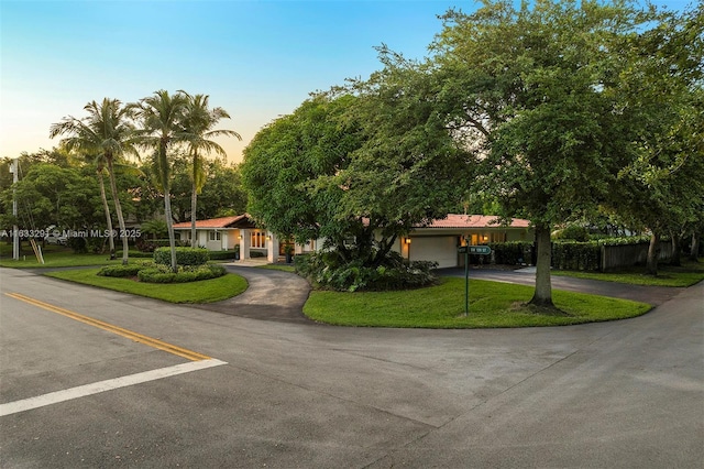 view of front of house with a garage and a lawn