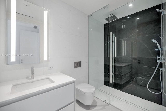 bathroom featuring toilet, walk in shower, vanity, and tile walls