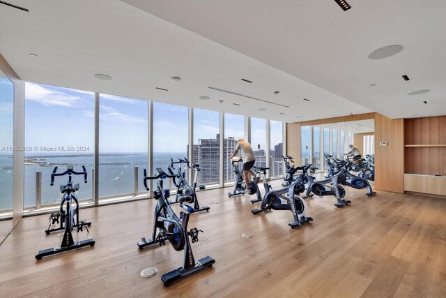 workout area featuring floor to ceiling windows, light hardwood / wood-style floors, and a water view