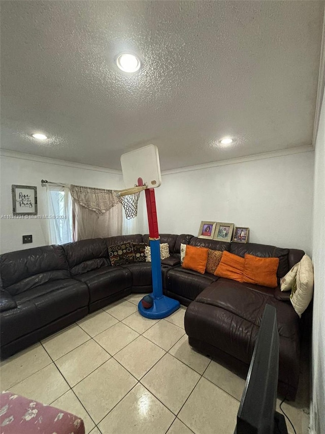 tiled living room featuring a textured ceiling and ornamental molding