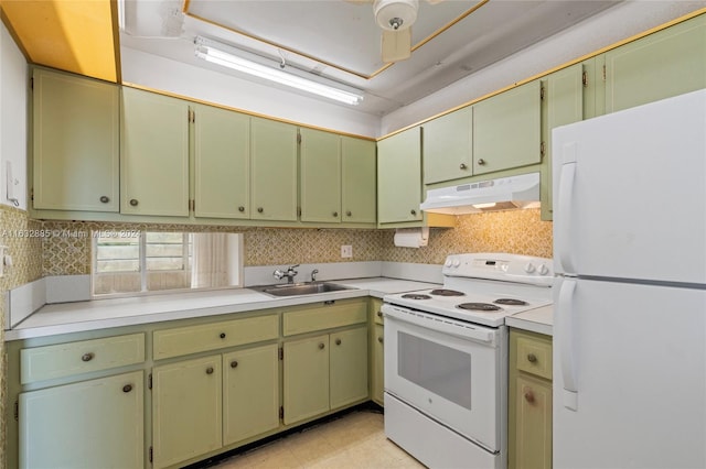 kitchen featuring light tile patterned floors, backsplash, white appliances, and sink