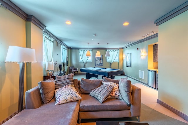 rec room featuring crown molding, pool table, and carpet flooring